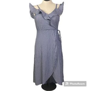 B P. Asymmetrical Dress Women’s Size XS Color Blue/white V-Neck Ruffle High-Low